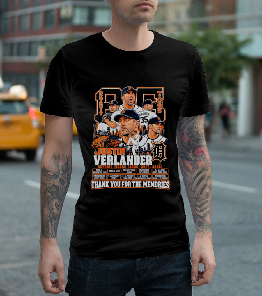 Detroit Tigers 35 Justin Verlander Thank You For The Memories 2005 2017 2026 T-Shirt