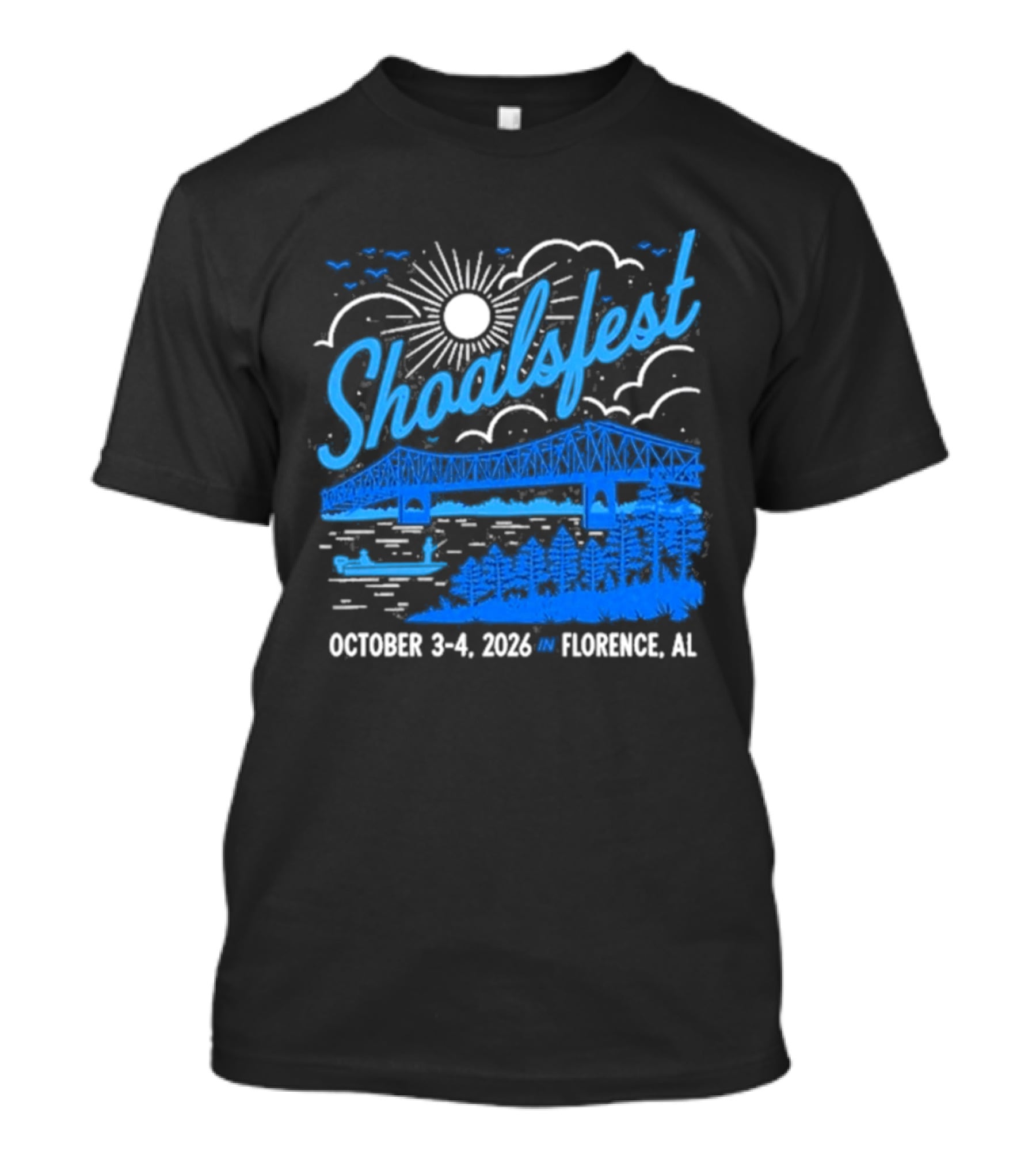 ShoalsFest October 3 4 2026 McFarland Park Florence Alabama Event With Bridge Illustration And Sun T-Shirt