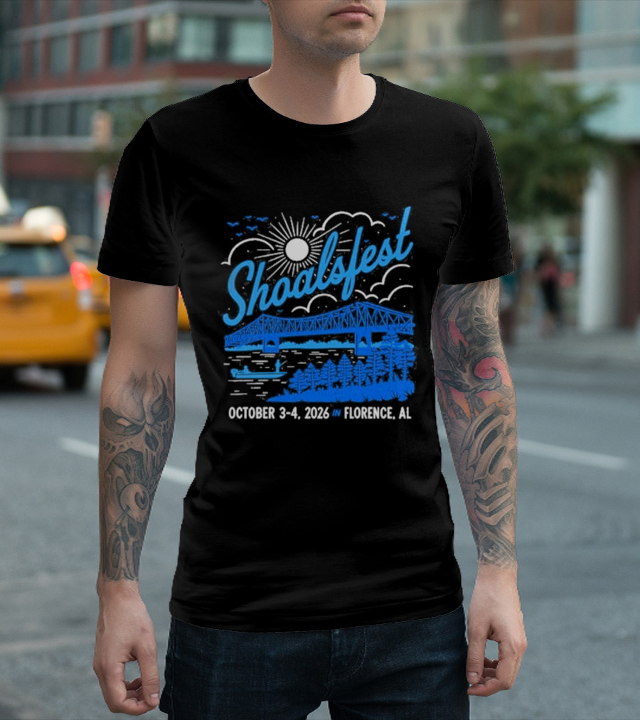 ShoalsFest October 3 4 2026 McFarland Park Florence Alabama Event With Bridge Illustration And Sun T-Shirt