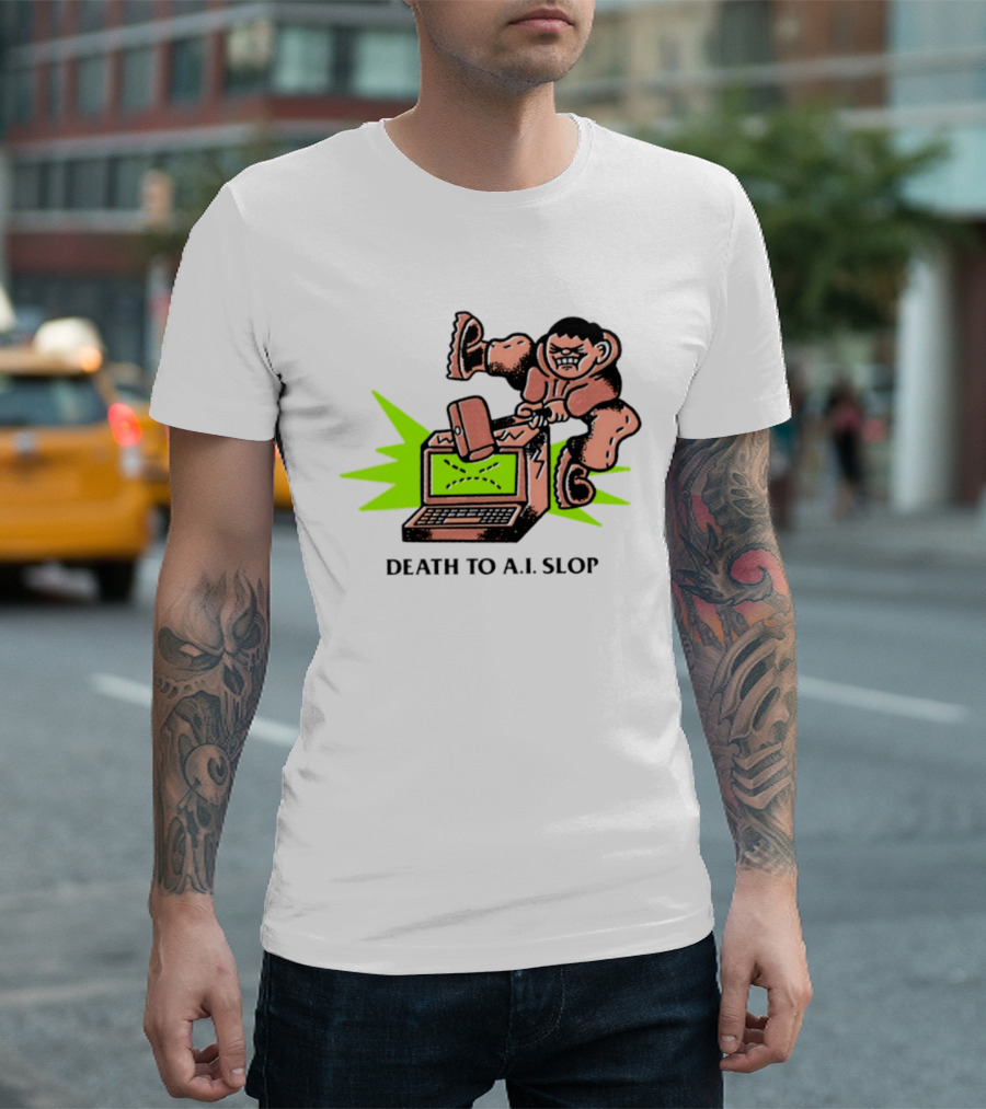 Death To AI Slop Digital Technology Revolution Sledgehammer Laptop Destruction T-Shirt