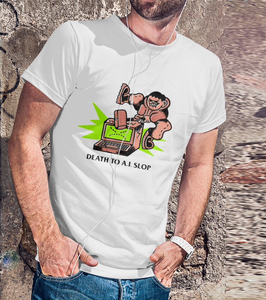 Death To AI Slop Digital Technology Revolution Sledgehammer Laptop Destruction T-Shirt