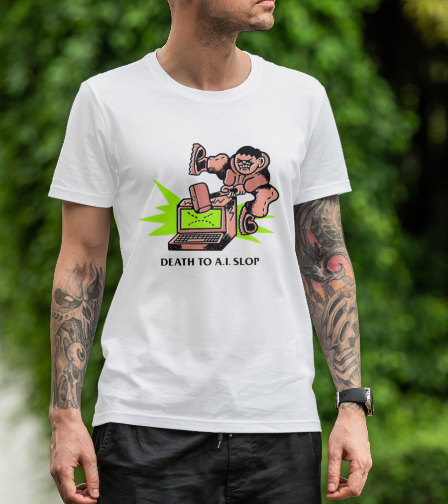 Death To AI Slop Digital Technology Revolution Sledgehammer Laptop Destruction T-Shirt