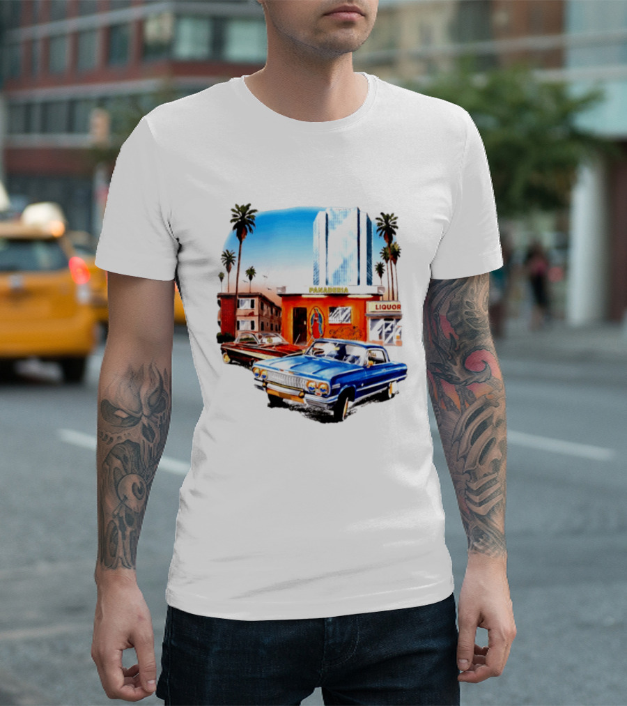 Panaderia Liquor Lowrider Scene With Vintage Cars And Palms T-Shirt