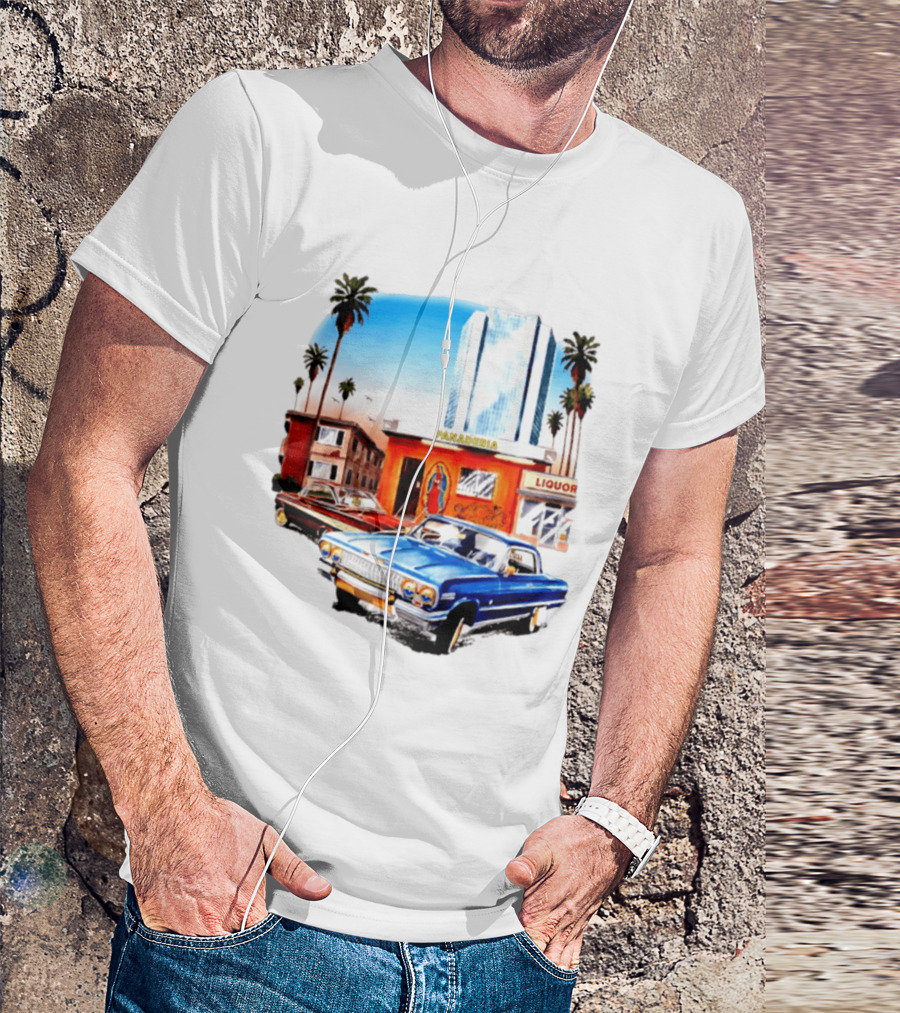 Panaderia Liquor Lowrider Scene With Vintage Cars And Palms T-Shirt
