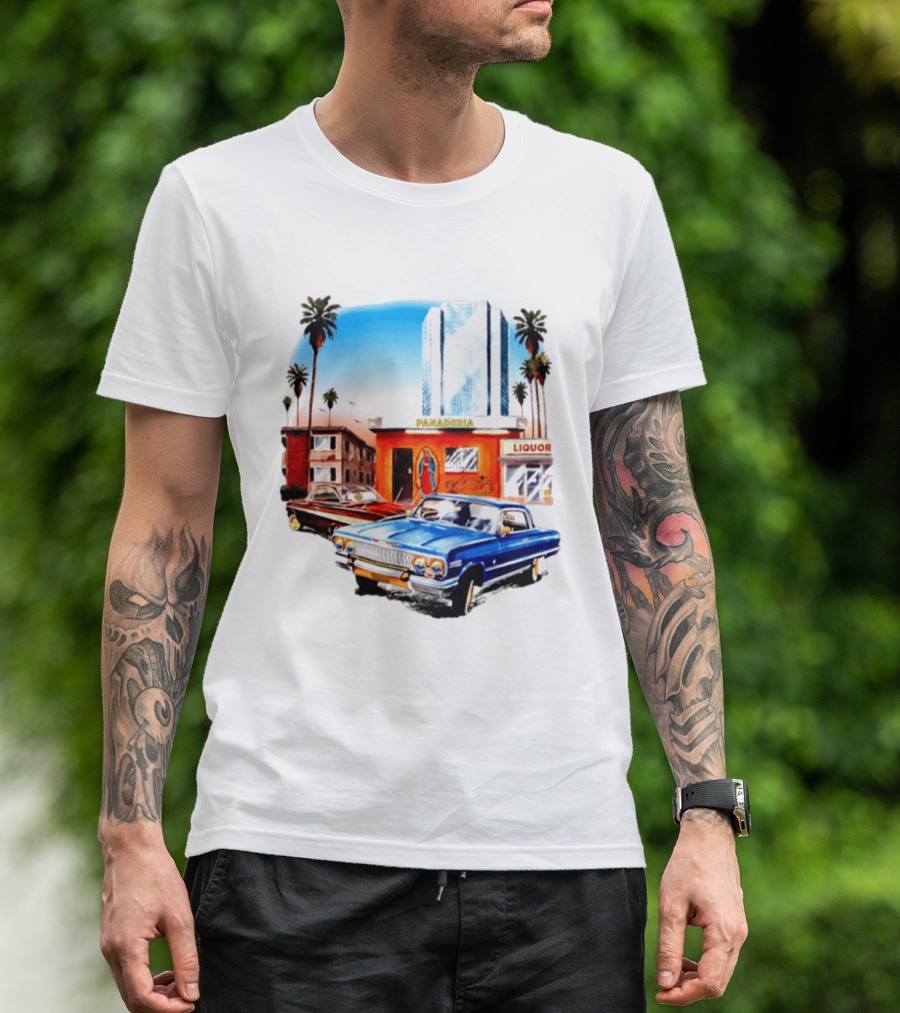 Panaderia Liquor Lowrider Scene With Vintage Cars And Palms T-Shirt