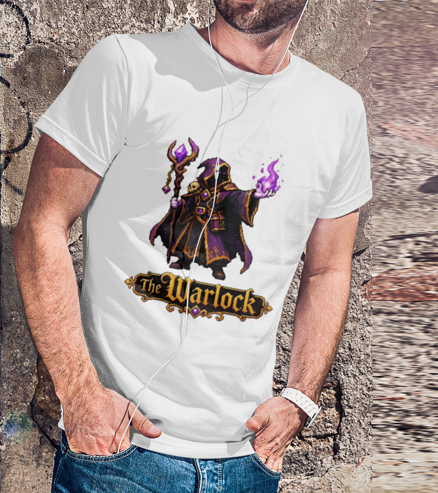 The Warlock Pixel Fantasy Mage RPG Cloaked Wizard With Staff And Magic Spell T-Shirt