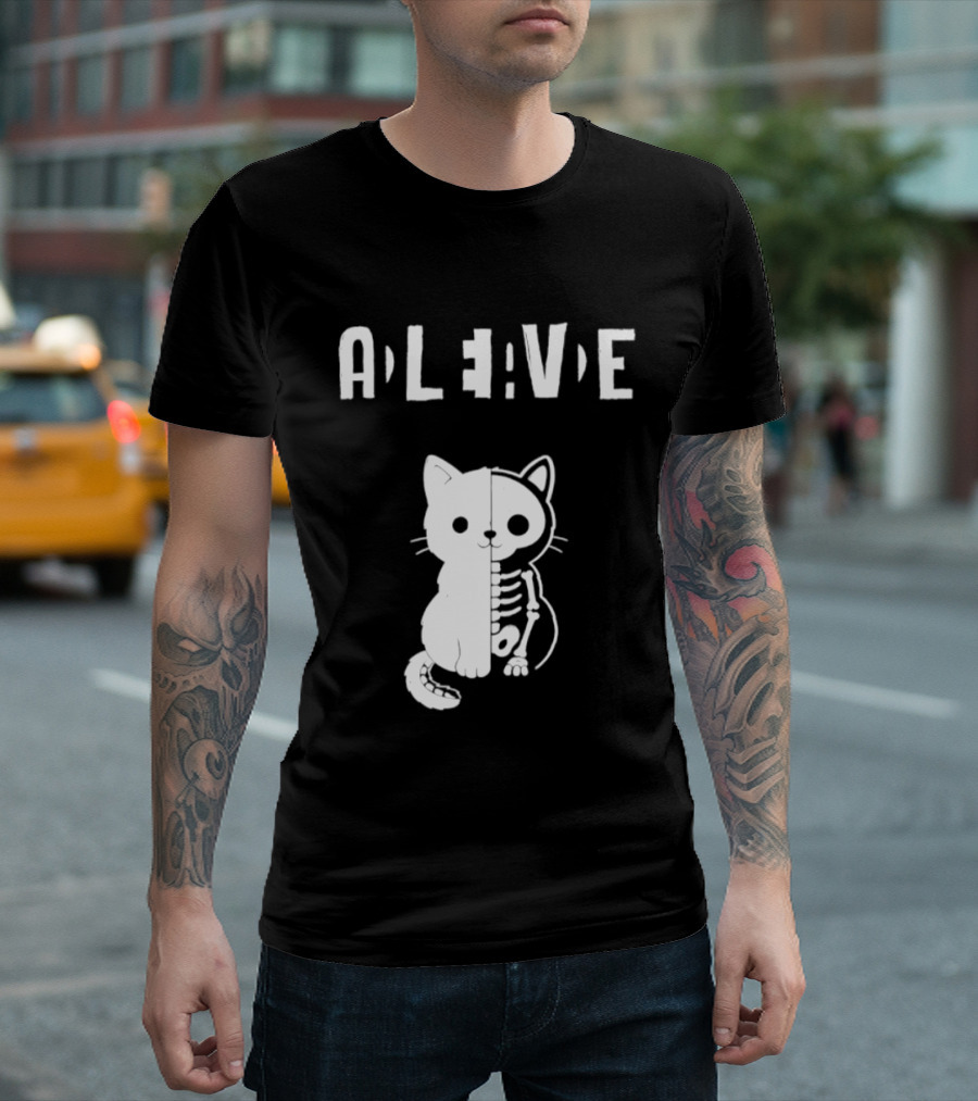 Alive Half Skeleton Cat Cute T-Shirt