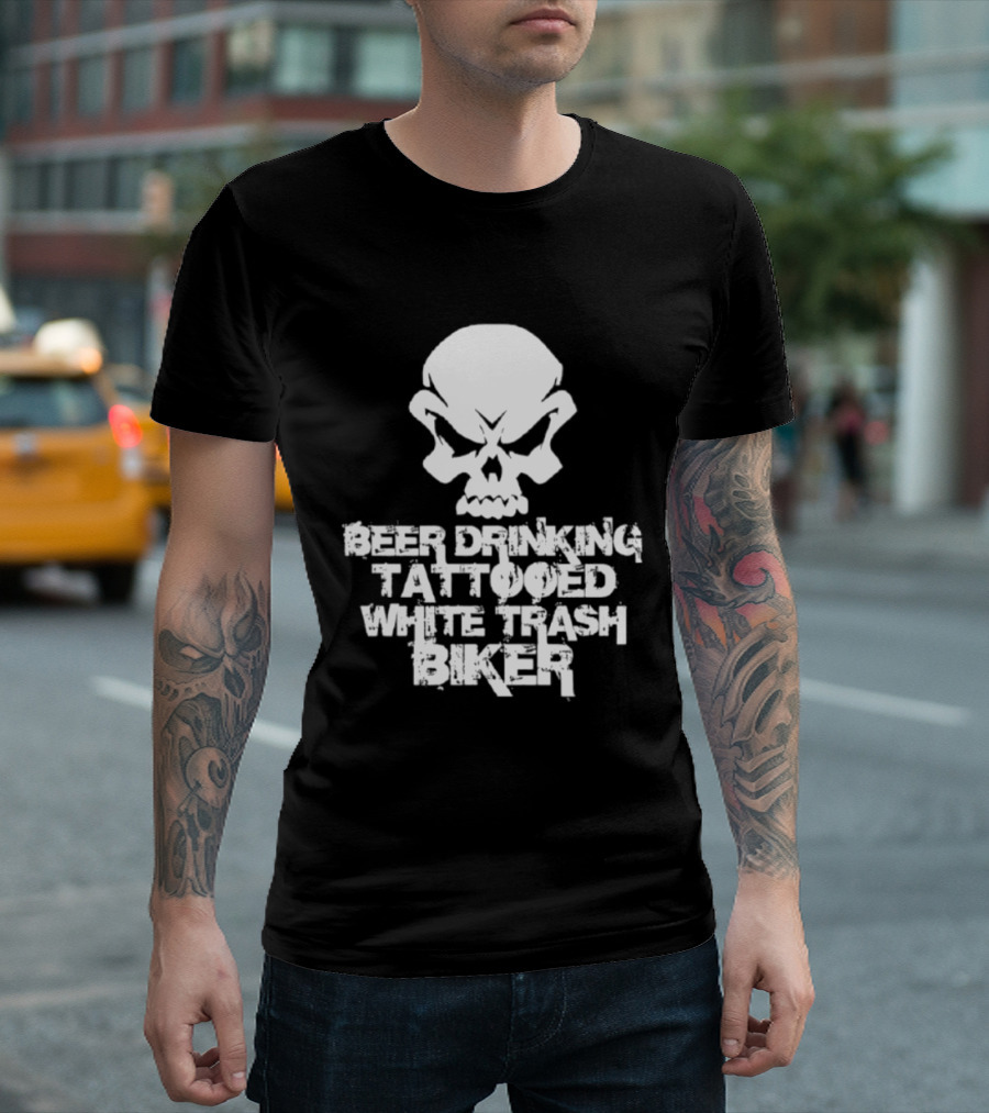 Beer Drinking Tattooed White Trash Biker Skull T-Shirt