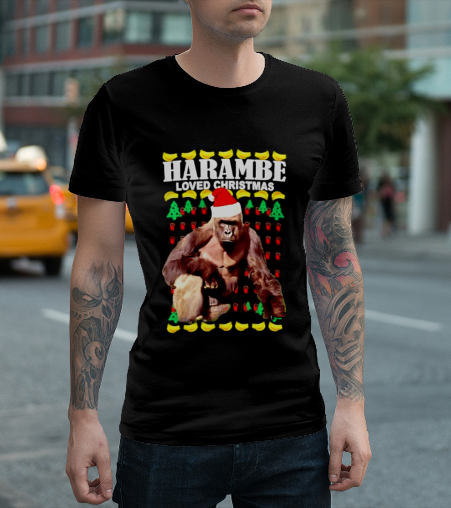 Harambe Loved Christmas Gorilla In Santa Hat With Bananas And Trees T-Shirt