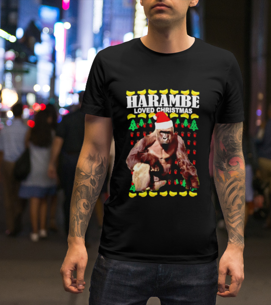 Harambe Loved Christmas Gorilla In Santa Hat With Bananas And Trees T-Shirt