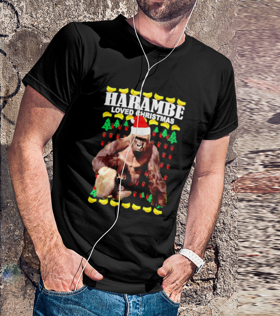 Harambe Loved Christmas Gorilla In Santa Hat With Bananas And Trees T-Shirt