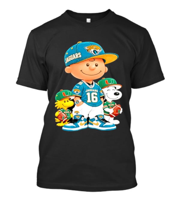 Peanuts Charlie Brown Snoopy Woodstock Jacksonville Jaguars Miami Hurricanes Football Fan Gear T-Shirt