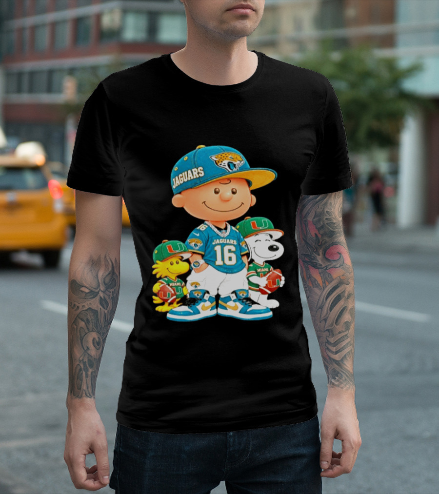 Peanuts Charlie Brown Snoopy Woodstock Jacksonville Jaguars Miami Hurricanes Football Fan Gear T-Shirt