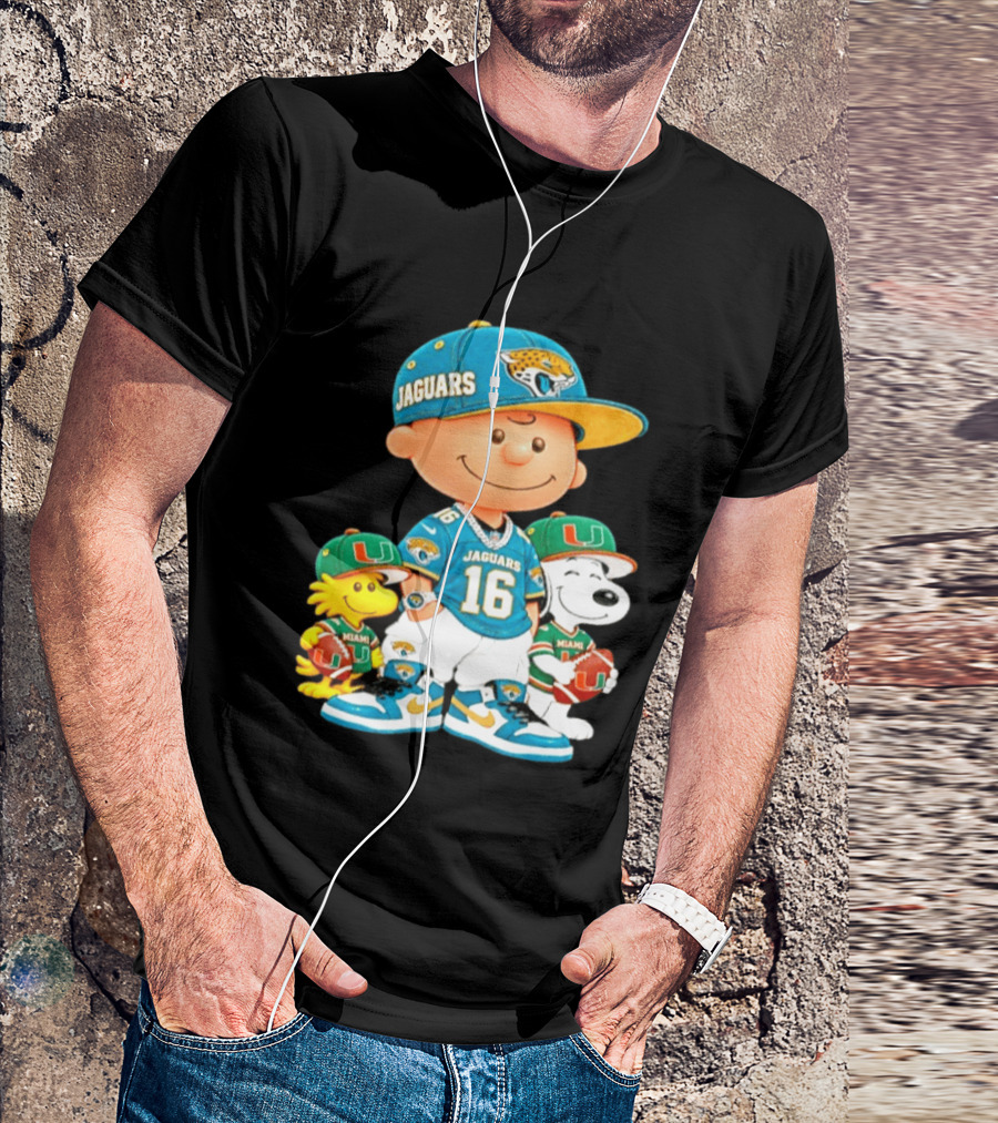Peanuts Charlie Brown Snoopy Woodstock Jacksonville Jaguars Miami Hurricanes Football Fan Gear T-Shirt