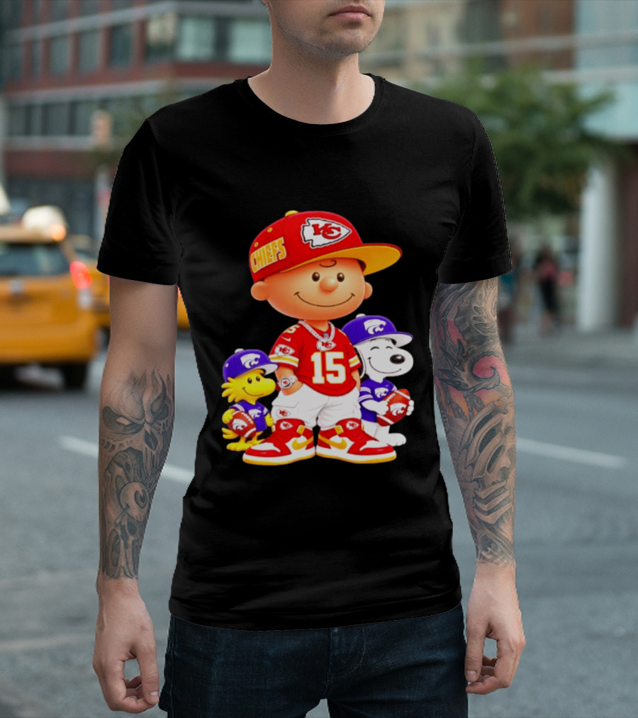 Charlie Brown Snoopy Woodstock Kansas City Chiefs 15 Football Peanuts Characters NFL Team Sports Gear T-Shirt