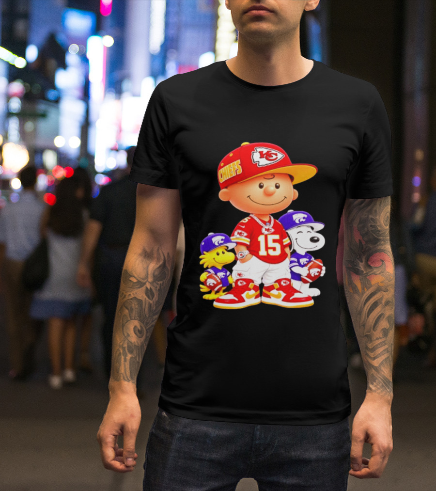Charlie Brown Snoopy Woodstock Kansas City Chiefs 15 Football Peanuts Characters NFL Team Sports Gear T-Shirt