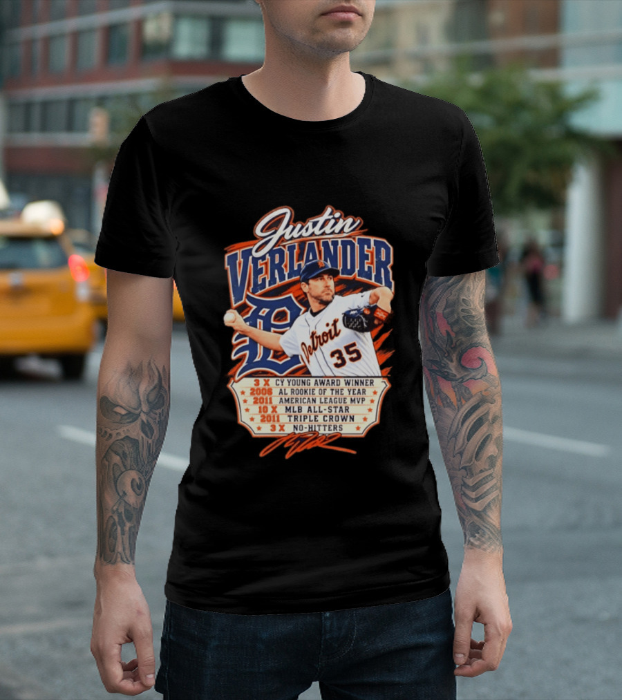 Justin Verlander Detroit Tigers Career 3x Cy Young Award Winner AL Rookie Of The Year 2011 American League MVP MLB All Star Triple Crown No Hitters T-Shirt