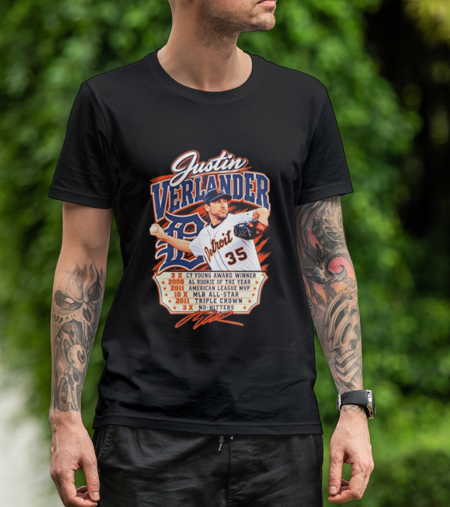 Justin Verlander Detroit Tigers Career 3x Cy Young Award Winner AL Rookie Of The Year 2011 American League MVP MLB All Star Triple Crown No Hitters T-Shirt