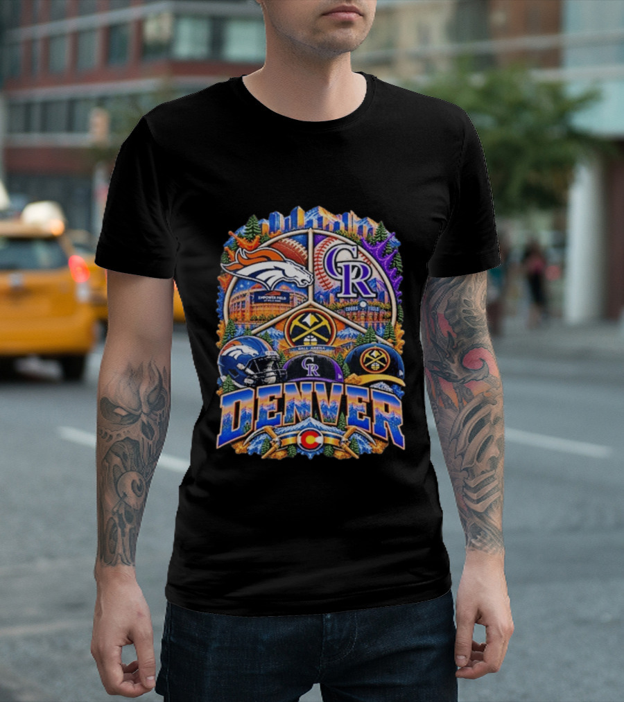 Denver Broncos Rockies Nuggets Sports Skyline Empower Field Coors Ball Arena T-Shirt
