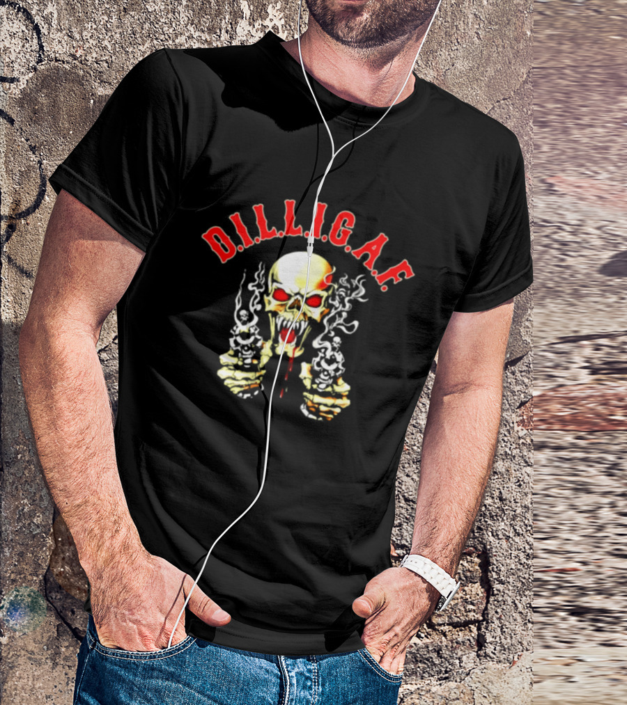 DILLIGAF Skull With Red Eyes Smoking Guns T-Shirt