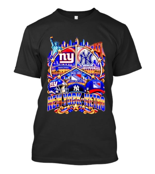 New York Metro Giants Yankees Rangers Skyline Stadium Statue Liberty T-Shirt