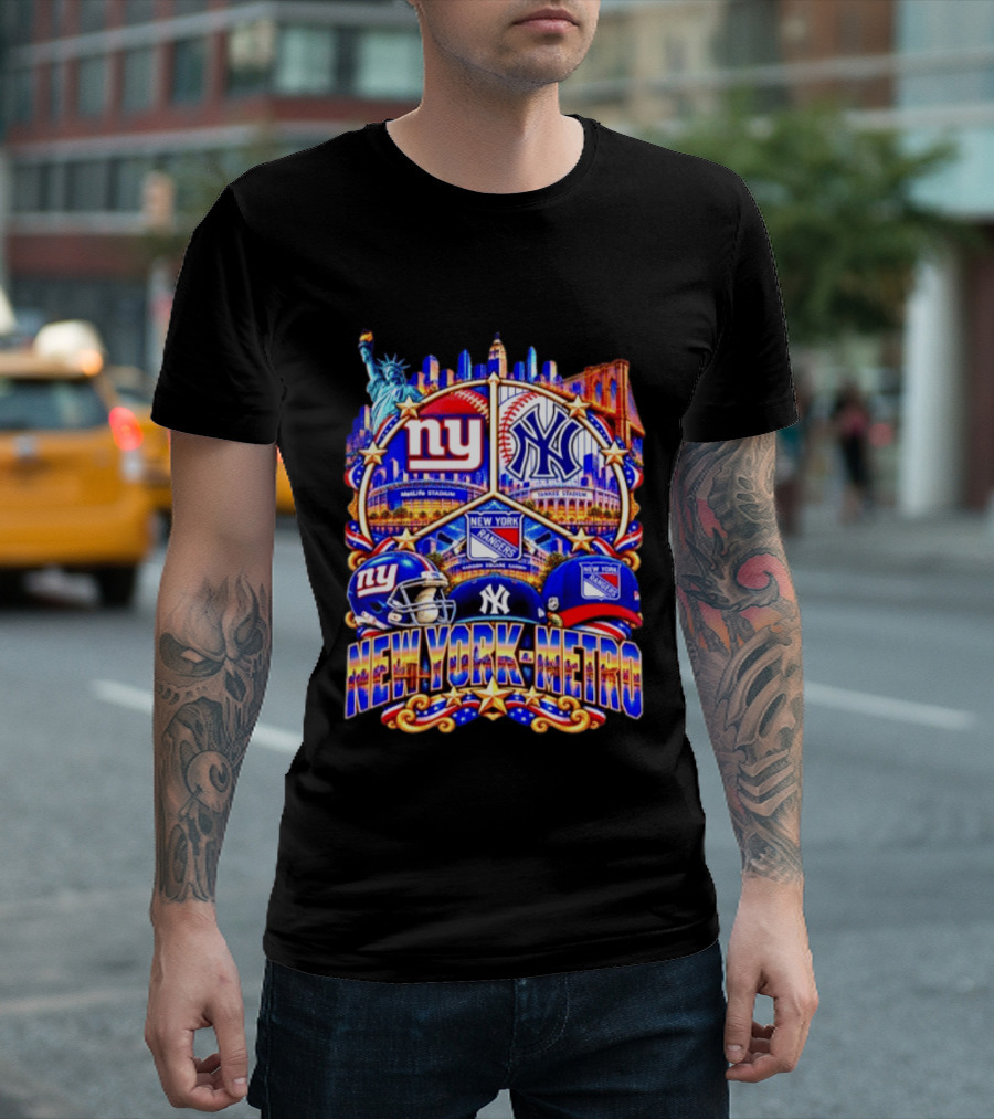 New York Metro Giants Yankees Rangers Skyline Stadium Statue Liberty T-Shirt