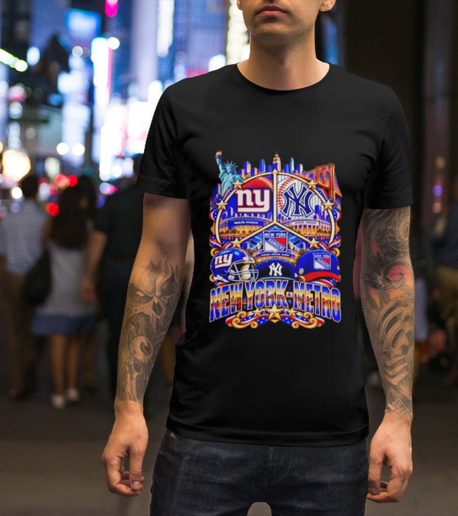 New York Metro Giants Yankees Rangers Skyline Stadium Statue Liberty T-Shirt