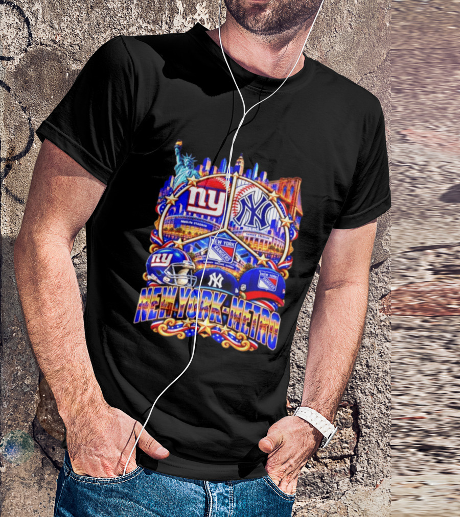 New York Metro Giants Yankees Rangers Skyline Stadium Statue Liberty T-Shirt