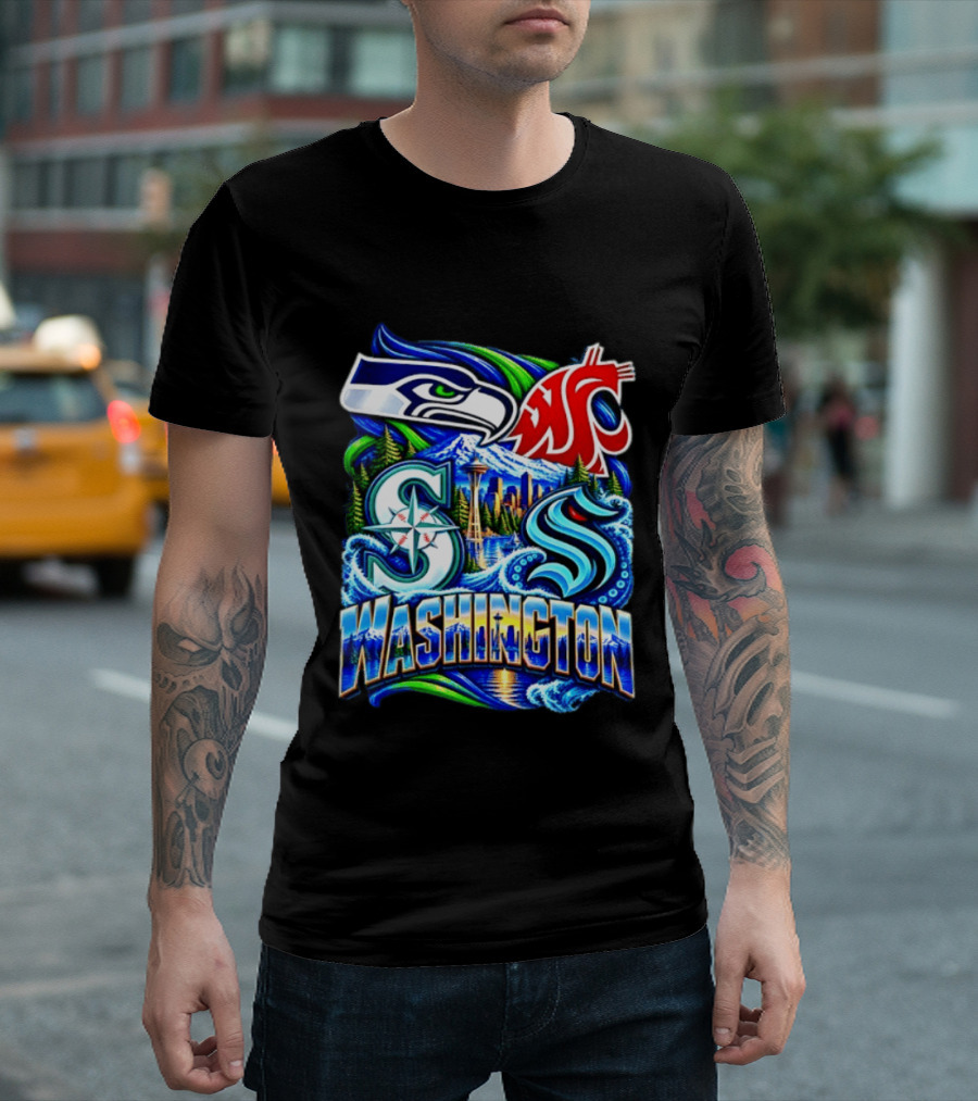 Seattle Seahawks Washington State Cougars Mariners Kraken Washington Skyline T-Shirt