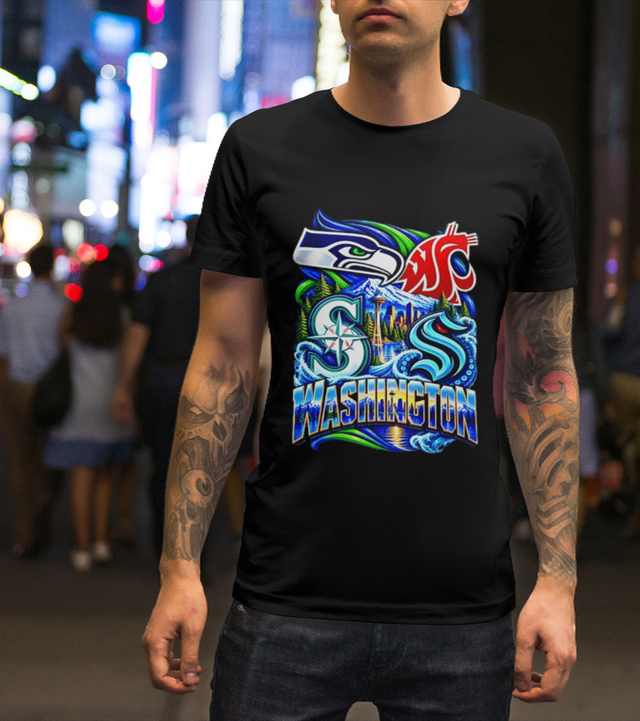 Seattle Seahawks Washington State Cougars Mariners Kraken Washington Skyline T-Shirt