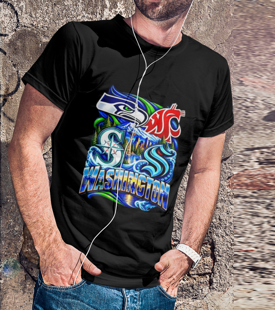 Seattle Seahawks Washington State Cougars Mariners Kraken Washington Skyline T-Shirt
