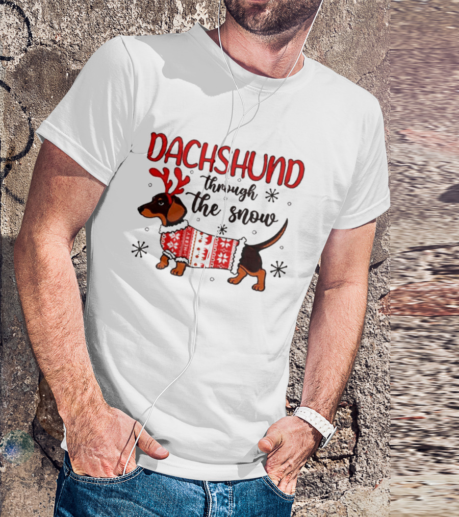Dachshund Through The Snow Christmas Dog Lover Reindeer Antlers Winter Holiday Sweater T-Shirt