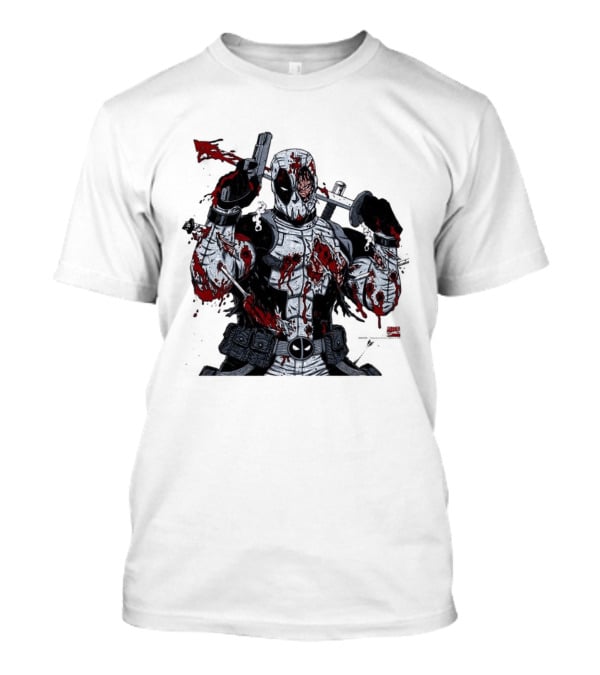 Deadpool Battle Damaged Bloody Swords Katana Gunner Comics Hero T-Shirt