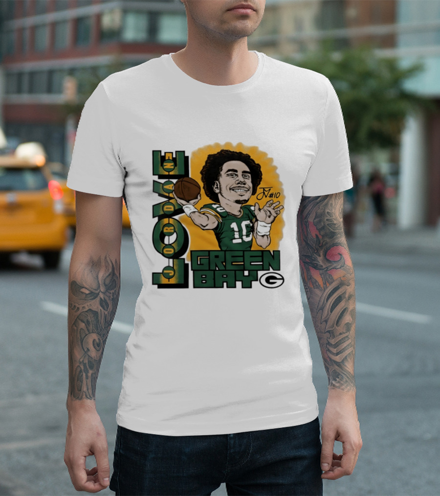 Green Bay Packers Jordan Love Caricature Player Number 10 Football T-Shirt