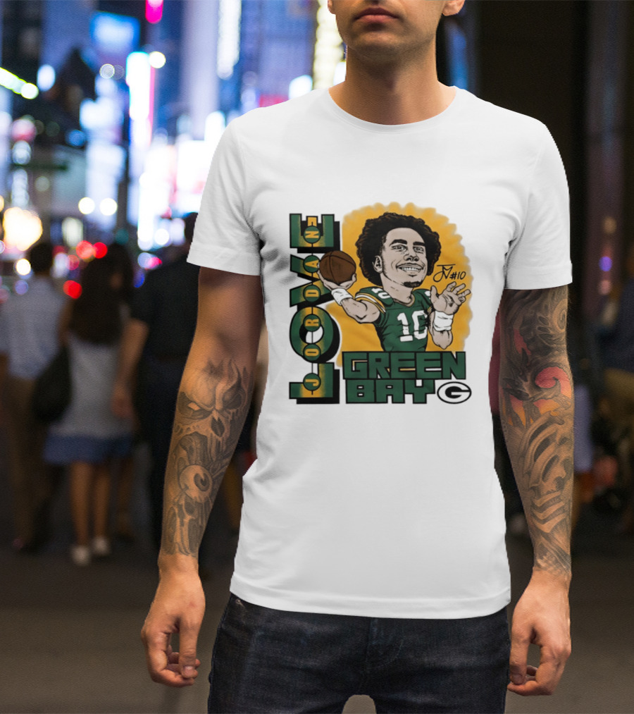 Green Bay Packers Jordan Love Caricature Player Number 10 Football T-Shirt