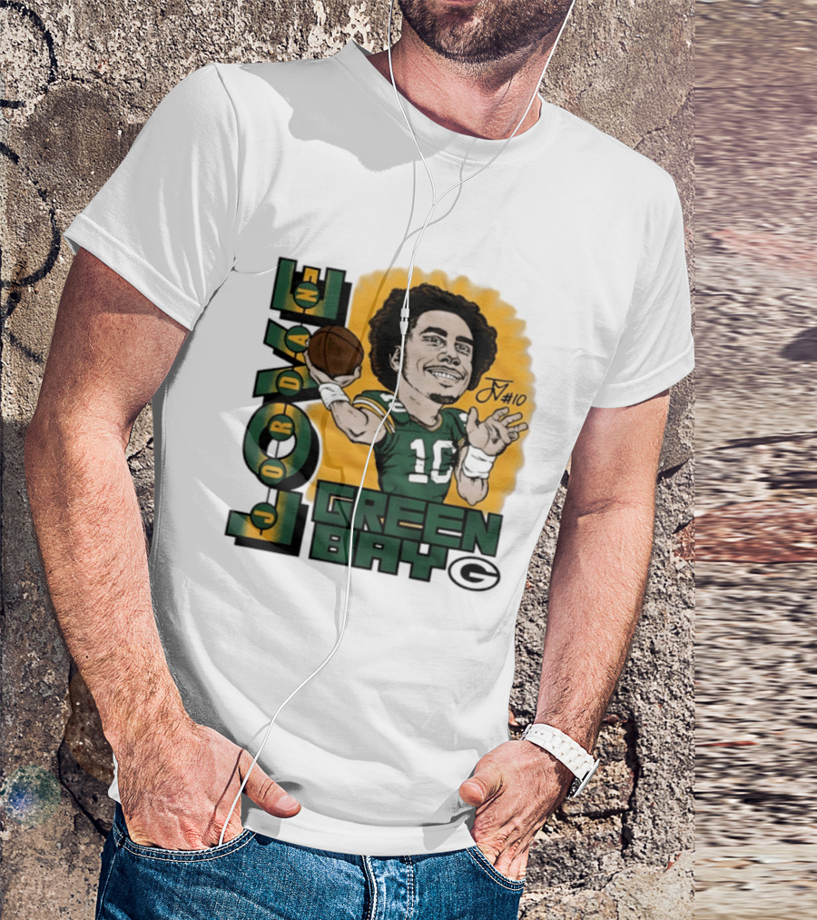 Green Bay Packers Jordan Love Caricature Player Number 10 Football T-Shirt