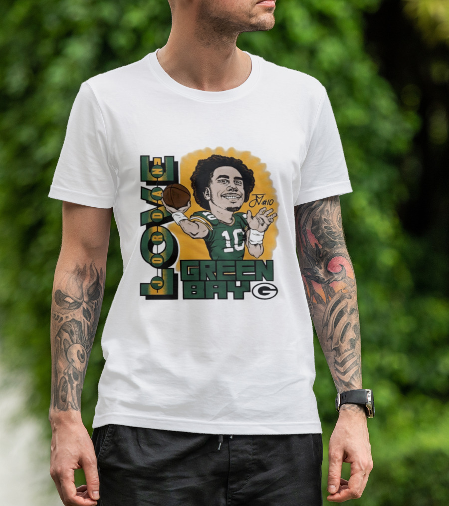 Green Bay Packers Jordan Love Caricature Player Number 10 Football T-Shirt