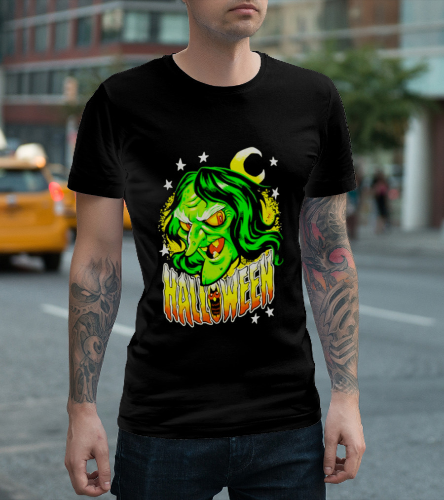 Halloween Witch Green Face Crescent Moon And Stars T-Shirt