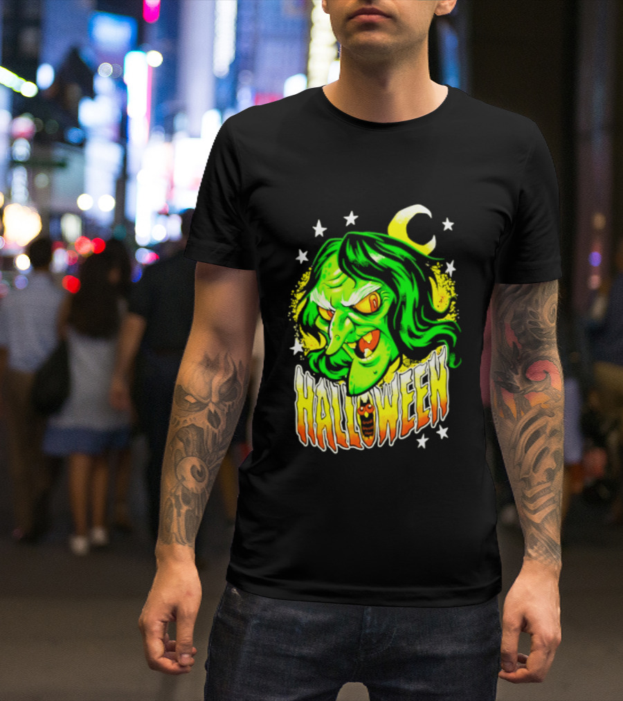 Halloween Witch Green Face Crescent Moon And Stars T-Shirt