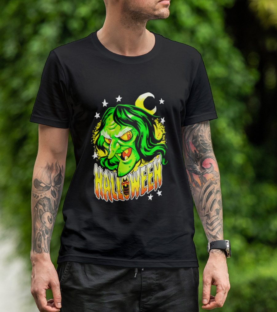 Halloween Witch Green Face Crescent Moon And Stars T-Shirt