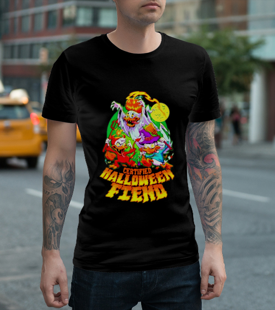 Certified Halloween Fiend Donald Duck Huey Dewey Louie Ghost Witch Devil Moon Scene T-Shirt