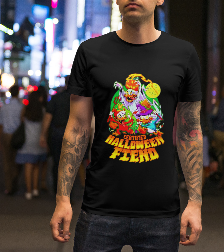 Certified Halloween Fiend Donald Duck Huey Dewey Louie Ghost Witch Devil Moon Scene T-Shirt