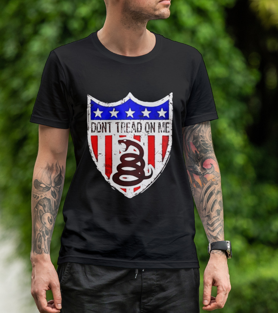 Dont Tread On Me American Flag Shield Gadsden Snake T-Shirt