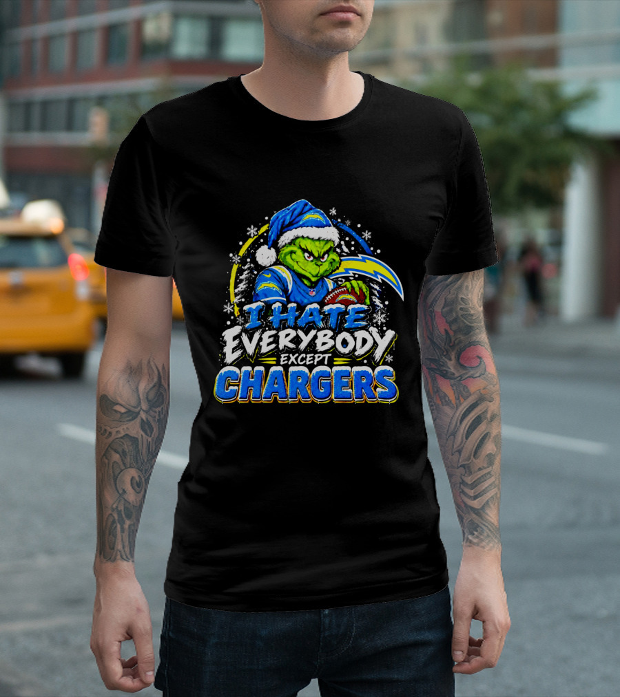 Los Angeles Chargers Grinch Christmas I Hate Everybody Except Chargers Fans Holiday T-Shirt