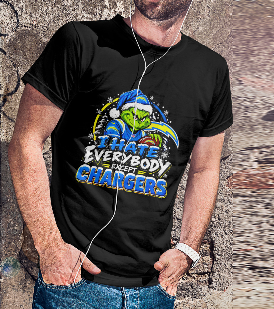 Los Angeles Chargers Grinch Christmas I Hate Everybody Except Chargers Fans Holiday T-Shirt