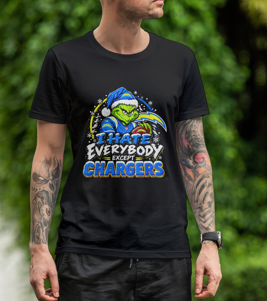Los Angeles Chargers Grinch Christmas I Hate Everybody Except Chargers Fans Holiday T-Shirt
