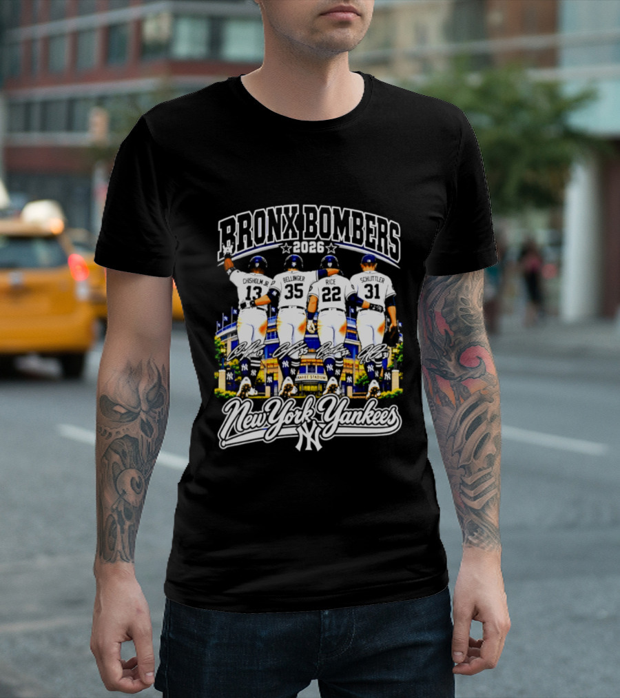 New York Yankees Bronx Bombers 2026 Chisholm Jr Bellinger Rice Schlittler Numbers 37 45 22 31 T-Shirt