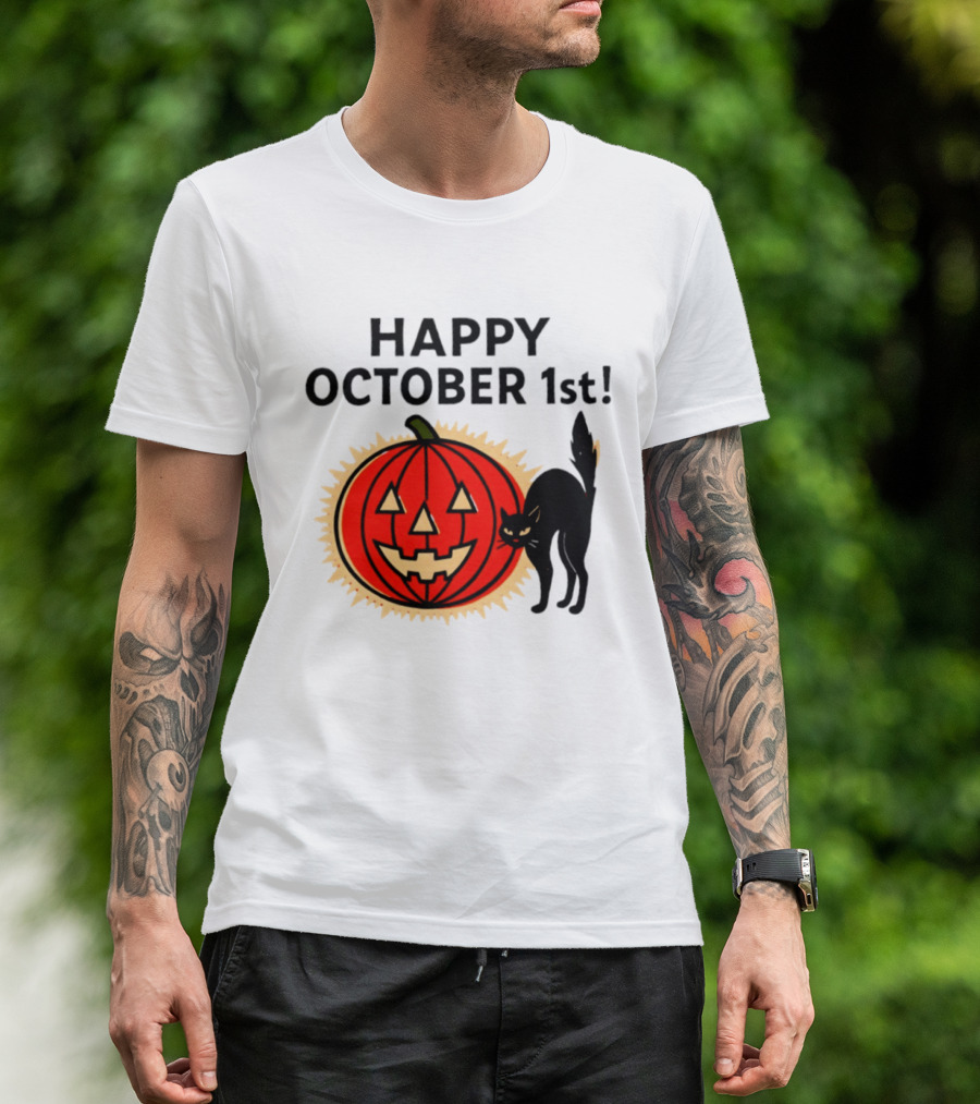 Happy October 1st Pumpkin Black Cat Halloween Celebration T-Shirt