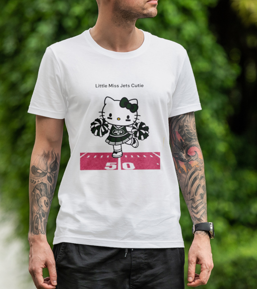 New York Jets Hello Kitty Little Miss Cutie Football Cheerleader On 50 Yard Line T-Shirt