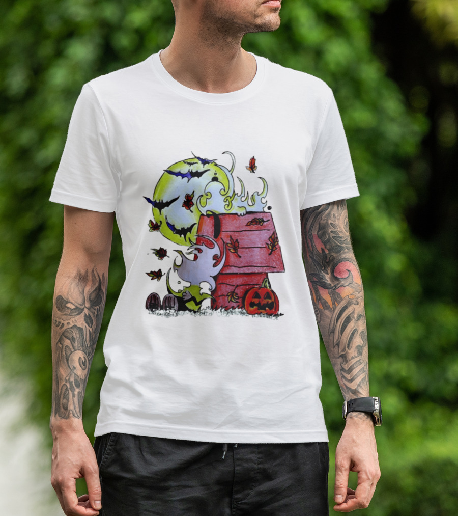 Snoopy Halloween Peanuts Moon Pumpkin Bats And Leaves T-Shirt